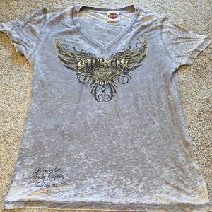 Harley-Davidson Light Gray V-Neck Tee with Gold Wing Sturgis Graphic